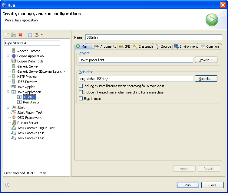 Figure 5. Run - Main Tab (the screen capture are made in Eclipse Europa (3.3), package Eclipse IDE for Java EE Developers)